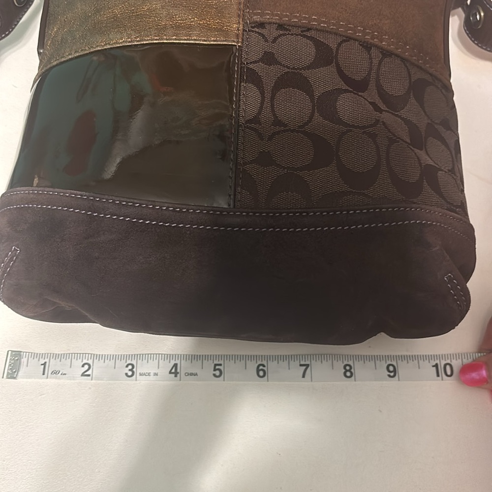 COACH Leather Suede Patchwork Brown Duffel Crossbody Bag - Picture 15 of 16
